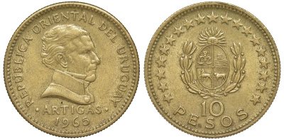 Уругвай 10 песо 1965 KM 48 алюминиевая бронза 81-345