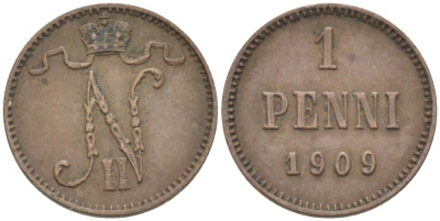 Россия для Финляндии 1 пенни 1909 Николай II (1894-1917) KM 13, Биткин 470 медь 4396-1314