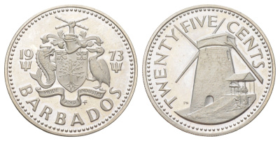 Барбадос 25 центов 1973 ветряная мельница Моргана Льюиса KM 13 медно-никель PROOF 3896-235