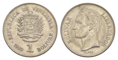 Венесуэла 1 боливар 1989 Симон Боливар, тонкий шрифт Y 52a.1 сталь плакированная никелем 4589-1235