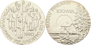 Финляндия 100 марок 1990 50 лет ассоциации ветеранов войны KM 67 серебро UNC 1066-4-24
