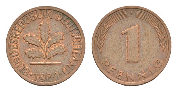 ФРГ 1 пфенниг 1980 F KM 105, J.380 сталь плакированная медью 4630-869