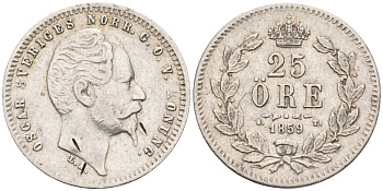 Швеция 25 эре 1859 ST, Оскар I (1844-1859), редкий типаж KM 684 серебро 443-1613