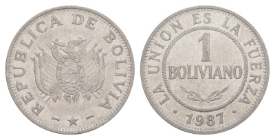 Боливия 1 боливиано 1987 KM 205 нержавеющая сталь 4646-711