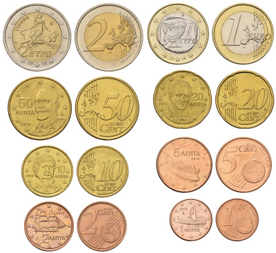 Греция евронабор из 8 монет 2010 1, 2, 5, 10, 20, 50 евроцентов, 1 и 2 евро KM NEW биметалл  UNC  4681-331-337