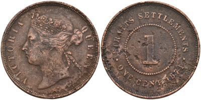Стрейтс-Сетлментс 1 цент 1874 Виктория (1837-1901), Ост-Индская компания KM 9 медь 4590-346
