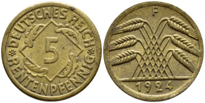 ГЕРМАНИЯ 5 РЕНТЕНПФЕННИГОВ 1924 F, KM 32, J. 308 алюминиевая бронза 4396-1161