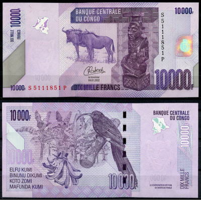 ДР Конго 10000 франков 2022 буйвол, банановое дерево, птица Pick 103 d  бумага  UNC (пресс) 449-70-2