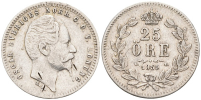 Швеция 25 эре 1859 ST, Оскар I (1844-1859), редкий типаж KM 684 серебро 443-1613