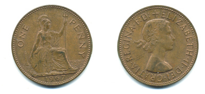 Великобритания 1 пенни 1967 Елизавета II (1952-2022) KM 897, Spink 4157 бронза 4383-741