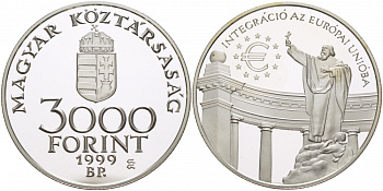Венгрия 3000 форинтов 1999 интеграция в Европейский Союз KM 735 серебро PROOF 1068-4-13