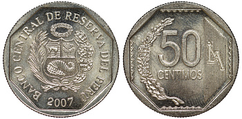 Перу 50 сентимо 2007 KM 307.4 медно-никель aUNC 4605-311