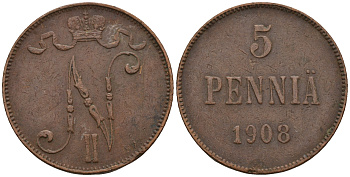 Россия для Финляндии 5 пенни 1908 Николай II (1894-1917) KM 15, Биткин 449 медь 259-1155