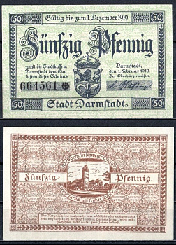 Дармштадт (Гессен) 50 пфеннигов 1919 Mehl Grabowski D5.3 бумага UNC (пресс) 7555-59-1-1