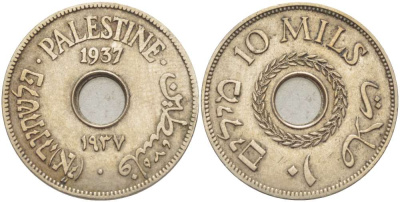 Израиль, Палестина 10 милсов 1937 Британская администрация, редкий год KM 4 медно-никель 4185-1225