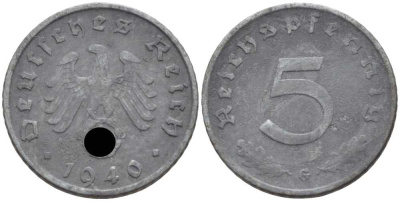 ГЕРМАНИЯ 5 РЕЙХСПФЕННИГОВ 1940 G KM 100, J. 370 цинк 105-237