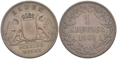 Баден 1 крейцер 1869 Великий Герцог Фридрих I (1856-1907) КМ 242 медь 117-837