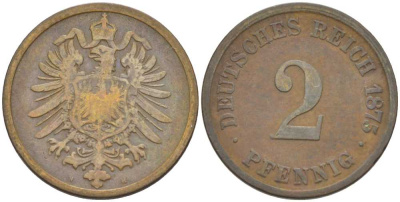 ГЕРМАНИЯ 2 ПФЕННИГА 1875 H, СТАРОГЕРБОВКА KM 2, J. 2, Weege 3 медь 212-532