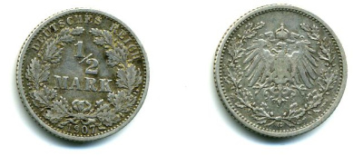 ГЕРМАНИЯ 1/2 МАРКИ 1907 серебро 37-212
