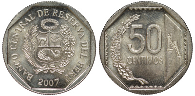 Перу 50 сентимо 2007 KM 307.4 медно-никель aUNC 4605-311
