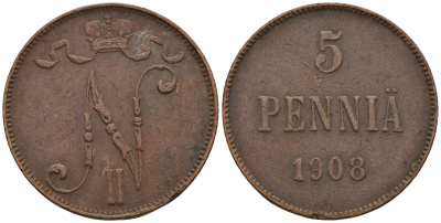 Россия для Финляндии 5 пенни 1908 Николай II (1894-1917) KM 15, Биткин 449 медь 259-1155