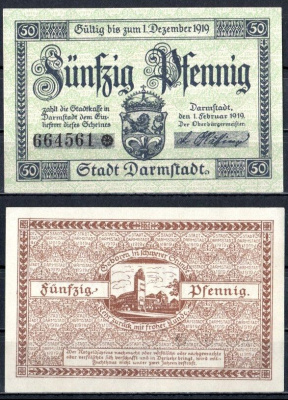 Дармштадт (Гессен) 50 пфеннигов 1919 Mehl Grabowski D5.3 бумага UNC (пресс) 7555-59-1-1