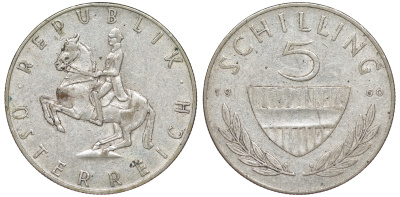 Австрия 5 шиллингов 1960 KM 2889 серебро 4178-551