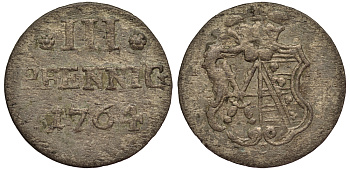 Саксония 3 пфеннига 1764 Фридрих Август III (1763-1806), из коллекции Gerhart Rother Kahnt 1134, Buck 101, Slg. Merseburger 1912, Gotz 6056 серебро 413-6442