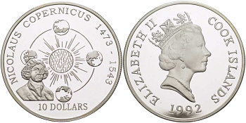 Острова Кука 10 долларов 1992 Николай Коперник (1473-1543) KM 136 серебро PROOF 00-00