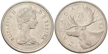 Канада 25 центов 1982 Елизавета II (1952-2022), олень карибу, второй портрет в короне KM 74 никель 4175-1137