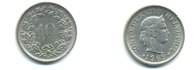 ШВЕЙЦАРИЯ 10 РАППЕНОВ 1969 В KM 27 медно-никель 93-1131