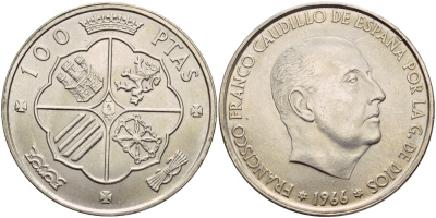 Испания 100 песет 1966 (67) Франсиско Франко (1939-1975) KM 797 серебро 02-263-44