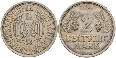 ФРГ 2 марки 1951 J KM 111, J. 386 медно-никель плакированный никелем 4187-1121