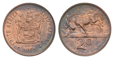 ЮАР 2 цента 1975 герб, антилопа гну KM 83 бронза UNC 4546-637