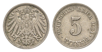 Германия 5 пфеннигов 1911 D, Вильгельм II (1888-1918) KM 11, J. 12 медно-никель 4640-134