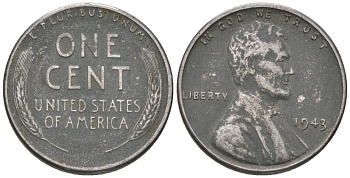 США 1 цент 1943 Авраам Линкольн KM 132 a сталь покрытая цинком 214-456