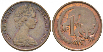 АВСТРАЛИЯ 1 ЦЕНТ 1988 ЕЛИЗАВЕТА II, МОЛОДОЙ ПОРТРЕТ, ОПОССУМ КМ 62 бронза 116-753