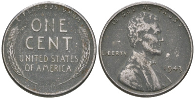 США 1 цент 1943 Авраам Линкольн KM 132 a сталь покрытая цинком 214-456