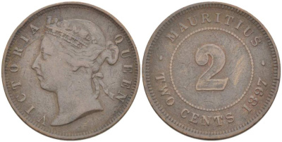Маврикий 2 цента 1897 королева Виктория KM 8 бронза 4525-511