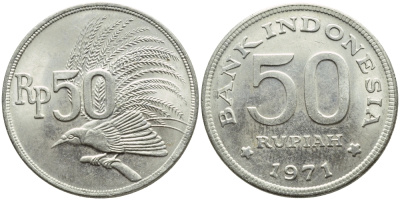 Индонезия 50 рупий 1971 райская птица KM 35 медно-никель UNC 4395-332