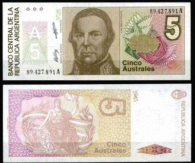 Аргентина 5 аустралей 1986 серия А 89427, Хосе де Уркиса, Президент Аргентинской Конфедерации (1854-1860) Pick 324 b бумага UNC (пресс)   447-3-3