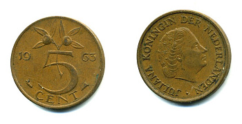 НИДЕРЛАНДЫ 5 ЦЕНТОВ 1963 ЮЛИАНА KM 181 бронза 76-427