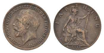 Великобритания 1 фартинг 1918 Георг V (1910-1936) KM 808.1, Spink 4059 бронза 4664-246