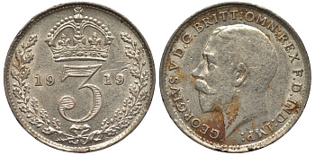 Великобритания 3 пенса 1919 Георг V (1910-1936) KM 813, Spink 4015 серебро 4528-468
