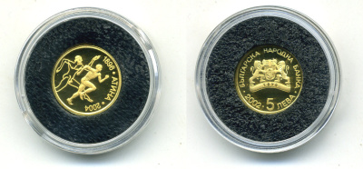 БОЛГАРИЯ 5 ЛЕВ 2002 ОЛИМПИАДА В ГРЕЦИИ KM NEW золото PROOF 02-017-41