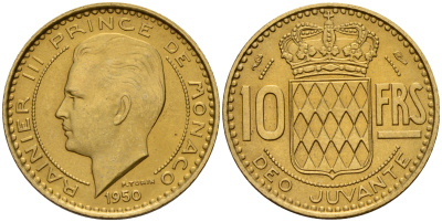 Монако 10 франков 1950 Ренье III (1949-2005) KM 130 алюминиевая бронза  UNC  4601-957