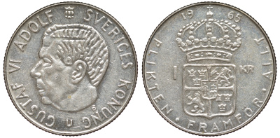 Швеция 1 крона 1965 U, Густав VI Адольф (1950-1973) KM 826 серебро 4178-457