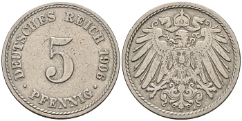 Германия 5 пфеннигов 1906 G KM 11, J. 12 медно-никель 4151-455