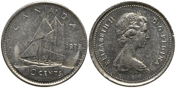 Канада 10 центов 1979 Елизавета II (1952-2022), парусник KM 77.2 никель 218-954