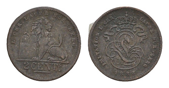 Бельгия игровой жетон в 2 сантима 1888 диаметр 12,75 мм, вес 0,56 гр бронза 4651-1222